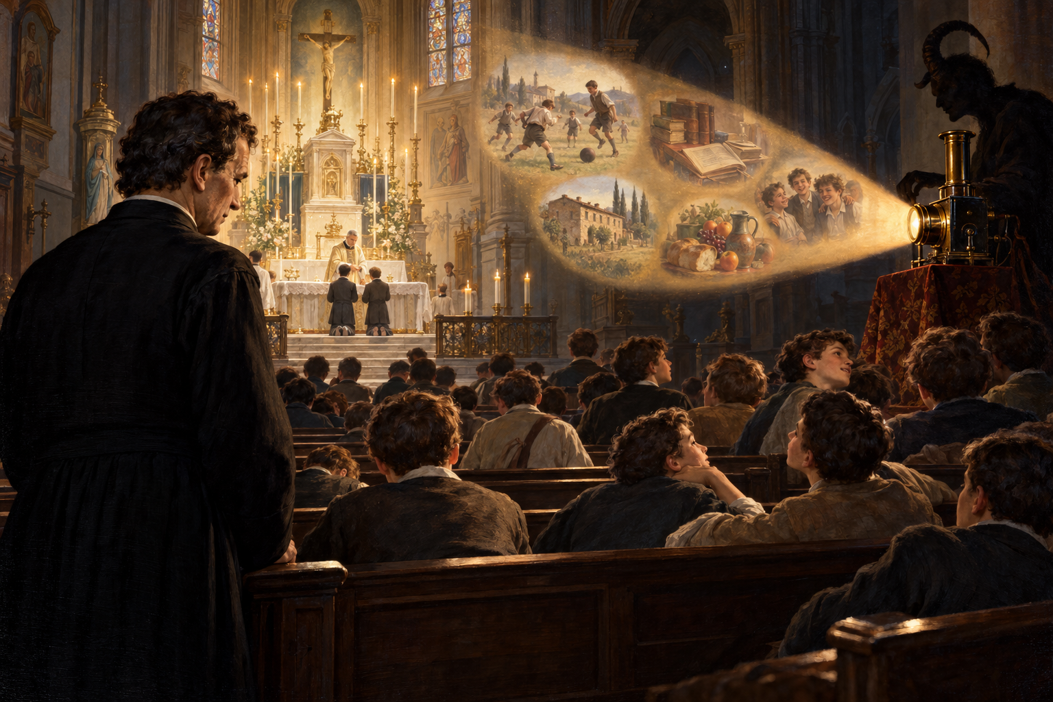 An artistic interpretation of Don Bosco's dream: young people turn towards images from a shadowy figure's magic lantern while only a few approach Communion at the illuminated altar.